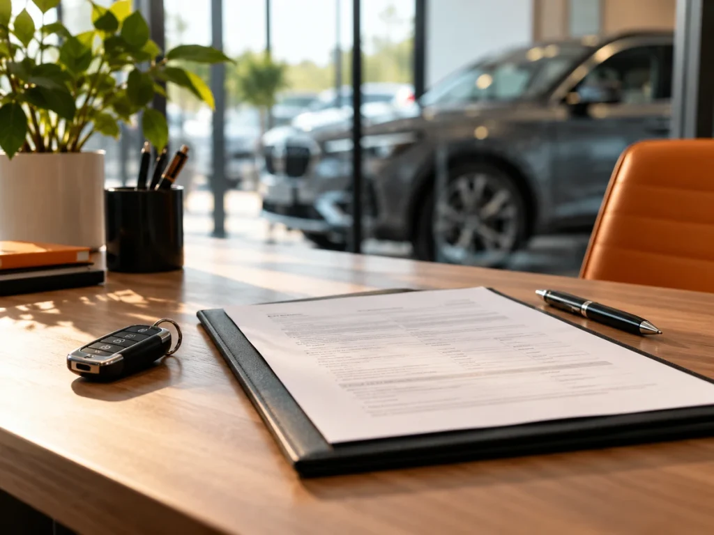 Vehicle conformity documentation and car keys on a desk, illustrating the Certificate of Conformity process.