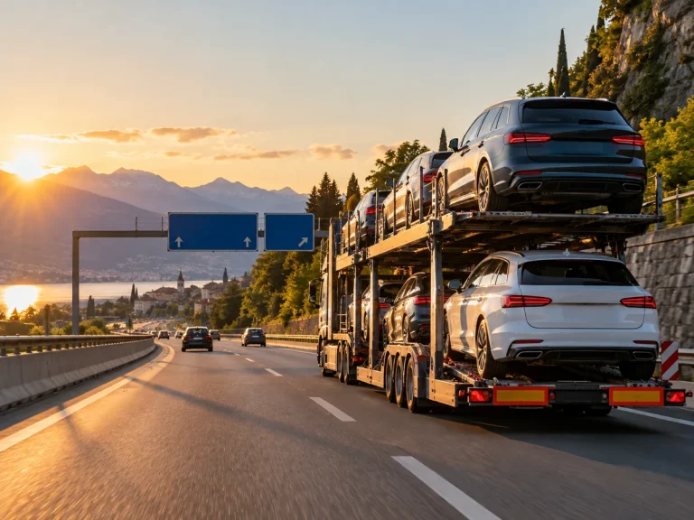 Car transporter carrying imported European vehicles on a highway through a mountainous landscape.