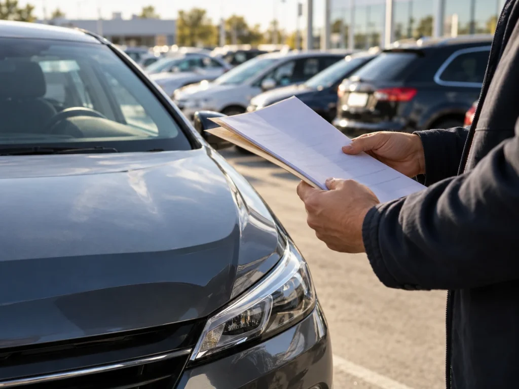 Person reviewing vehicle documents beside a used car at a dealership before registration.