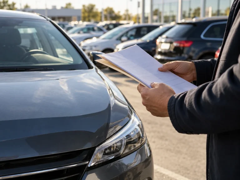 Person reviewing vehicle documents beside a used car at a dealership before registration.