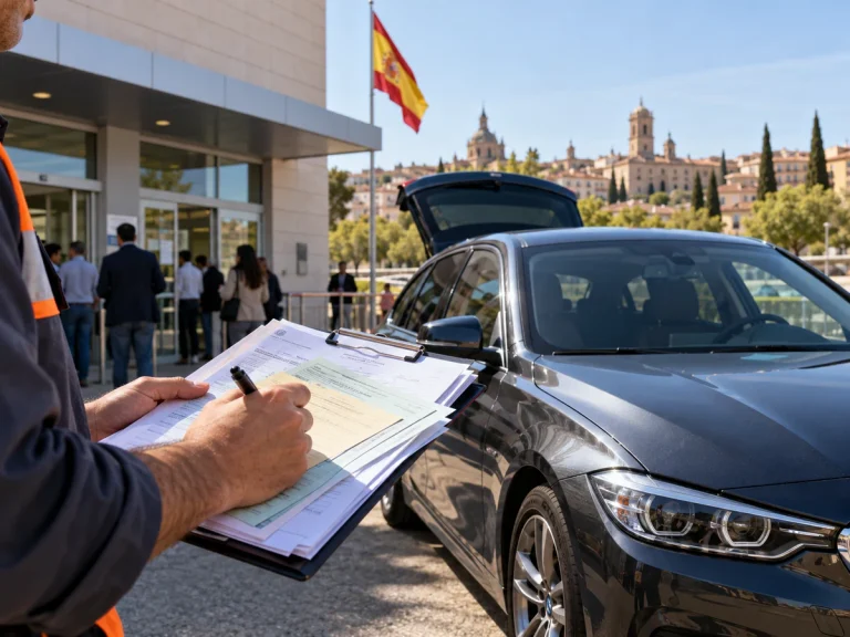 Imported car and registration paperwork outside a Spanish administrative building with the Spanish flag.