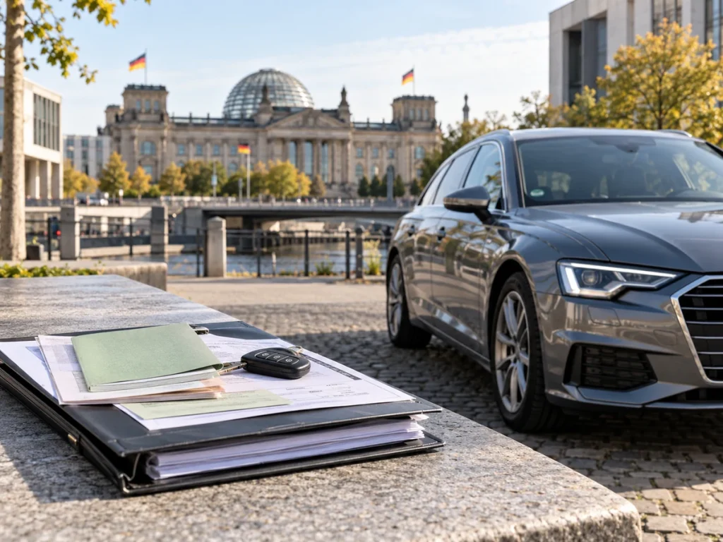 Vehicle registration documents and car keys beside a passenger car near the Reichstag building in Berlin.