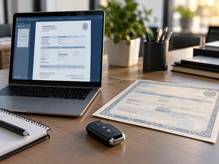 Digital vehicle conformity document displayed on a laptop beside a paper certificate and car keys.