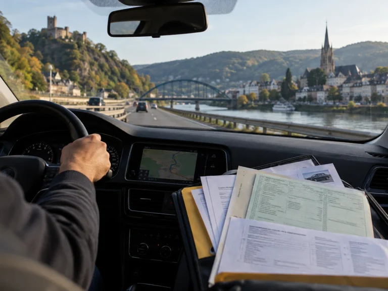 View of a European road from inside a car, with vehicle registration documents in the foreground.