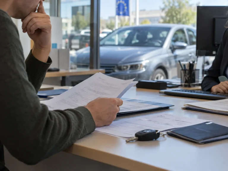 Person reviewing vehicle registration paperwork at an administrative office with a car visible outside.