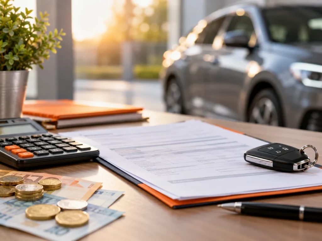 Calculator, euro banknotes, coins, car keys and vehicle documents illustrating Certificate of Conformity costs.