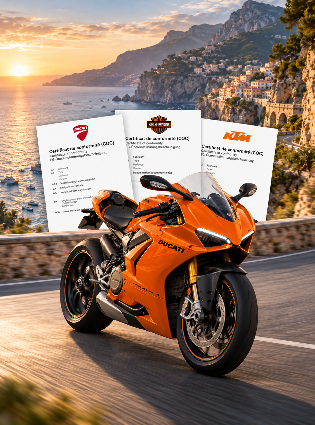 Orange sport motorcycle with motorcycle Certificates of Conformity