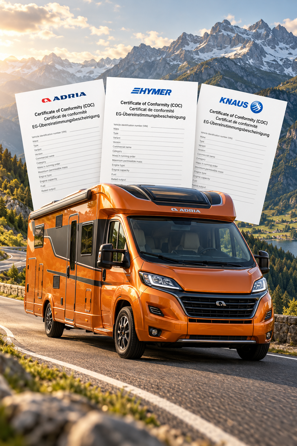 Orange motorhome with motorhome Certificates of Conformity in a mountain landscape