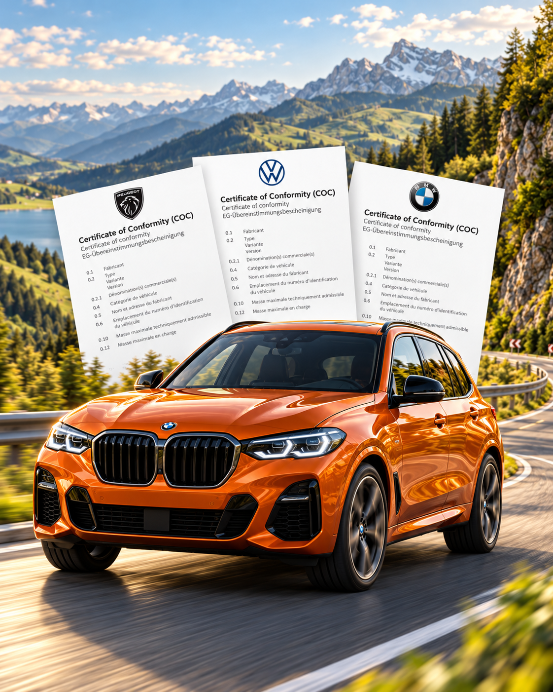 Orange passenger car with manufacturer Certificates of Conformity