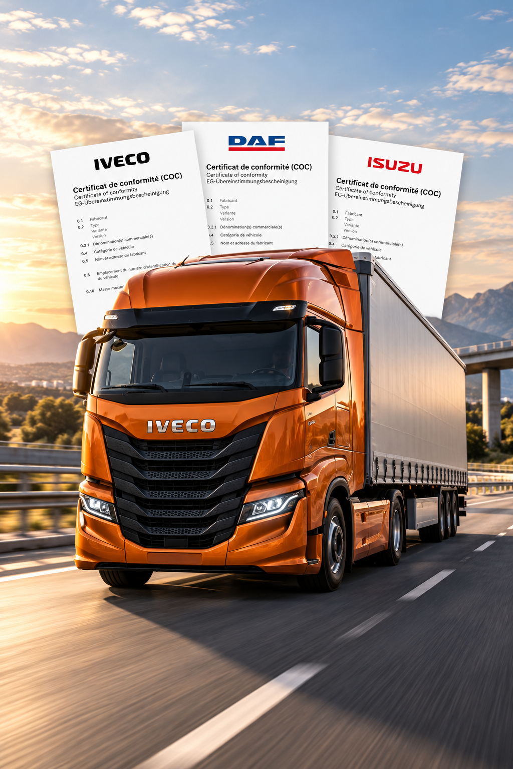 Orange commercial truck with manufacturer Certificates of Conformity